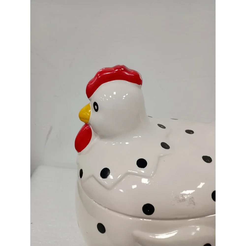 Vintage Chicken Cookie Jar White Black Polka Dot Ceramic Farmhouse Kitchen Decor